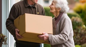 a ups delivery man with a rectangular brown box delivering it to an elderly person at their home